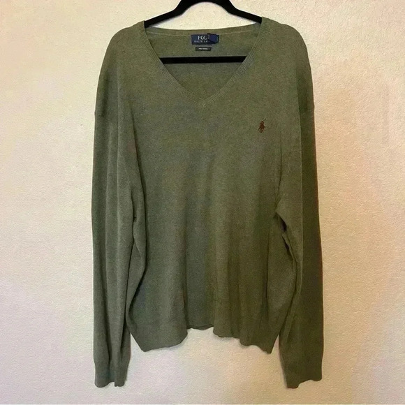 Polo Ralph Lauren Olive Green V-Neck Pima Cotton Long Sleeve Sweater Men's XXL - Picture 1 of 14